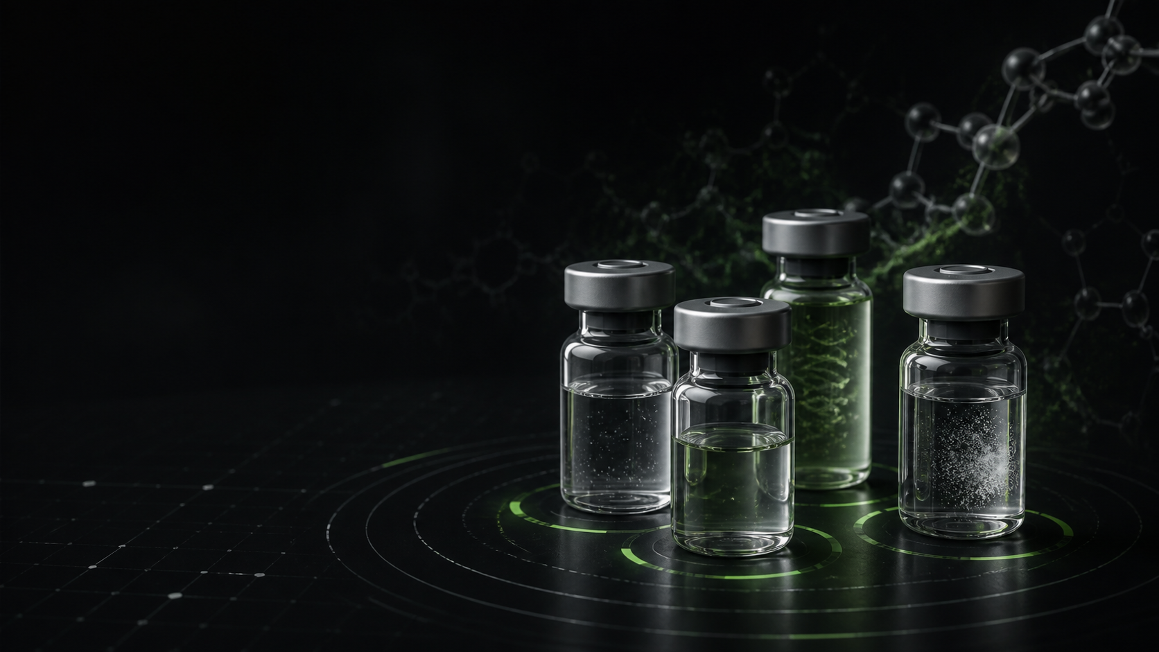 Four unlabelled laboratory vials arranged over molecular assay rings